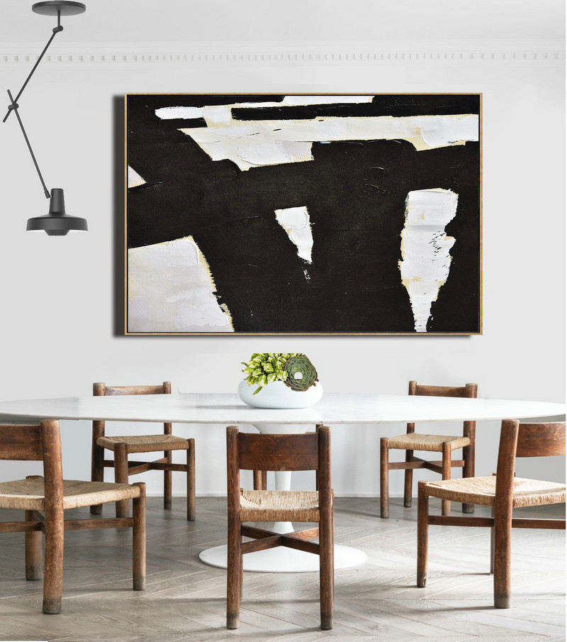 Hand Painted Abstract Art,Horizontal Palette Knife Minimal Canvas Art Painting Black White Beige - Xl Large Canvas Art